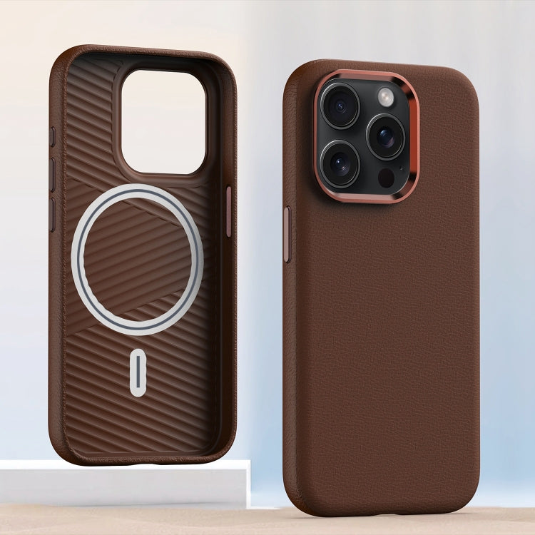 For iPhone 13 Pro Metal Lens Frame Leather Magsafe Full Coverage Shockproof Phone Case(Brown) - iPhone 13 Pro Cases by buy2fix | Online Shopping UK | buy2fix