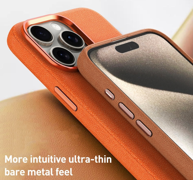 For iPhone 15 Pro Metal Lens Frame Leather Magsafe Full Coverage Shockproof Phone Case(Orange) - iPhone 15 Pro Cases by buy2fix | Online Shopping UK | buy2fix