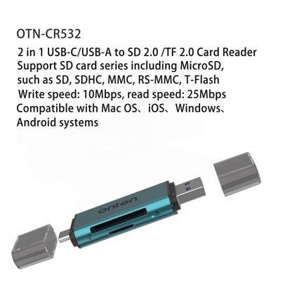 Onten CR532 2 in 1 USB-A / USB-C to SD2.0 / TF2.0 USB Card Reader(Pine Green) -  by Onten | Online Shopping UK | buy2fix