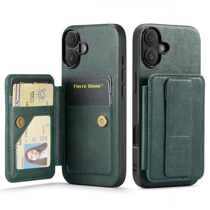 For iPhone 16 Plus Fierre Shann Oil Wax Cow Leather Card Holder Back Phone Case(Green) - iPhone 16 Plus Cases by FIERRE SHANN | Online Shopping UK | buy2fix