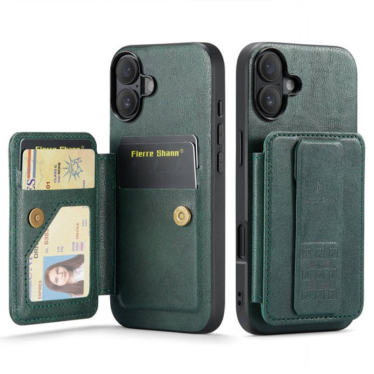 For iPhone 16 Fierre Shann Oil Wax Cow Leather Card Holder Back Phone Case(Green) - iPhone 16 Cases by FIERRE SHANN | Online Shopping UK | buy2fix