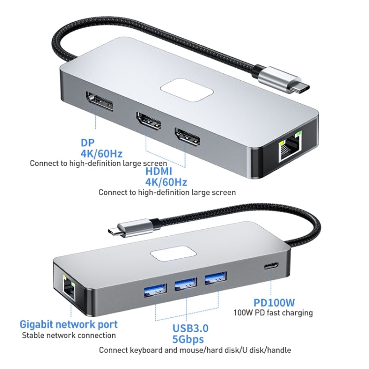 BYL-2401 8 in 1 Type-C to PD100W + USB3.0 + HDMI + DP + RJ45 HUB Docking Station(Space Grey) - USB HUB by buy2fix | Online Shopping UK | buy2fix