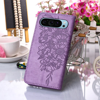 For Google Pixel 9 Embossed Butterfly Leather Phone Case(Purple) - Google Cases by buy2fix | Online Shopping UK | buy2fix