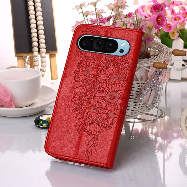 For Google Pixel 9 Embossed Butterfly Leather Phone Case(Red) - Google Cases by buy2fix | Online Shopping UK | buy2fix