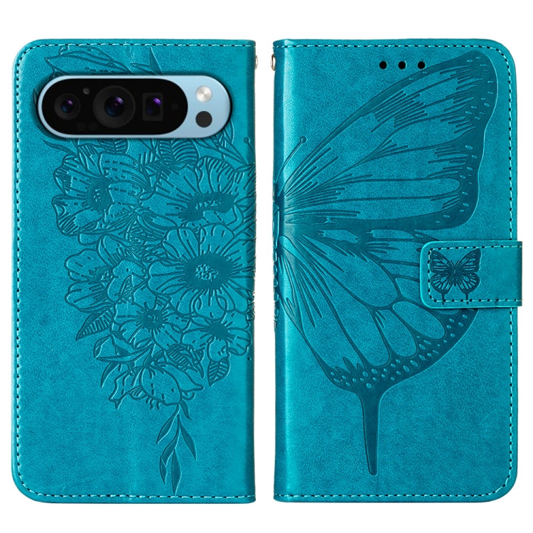 For Google Pixel 9 Embossed Butterfly Leather Phone Case(Blue) - Google Cases by buy2fix | Online Shopping UK | buy2fix