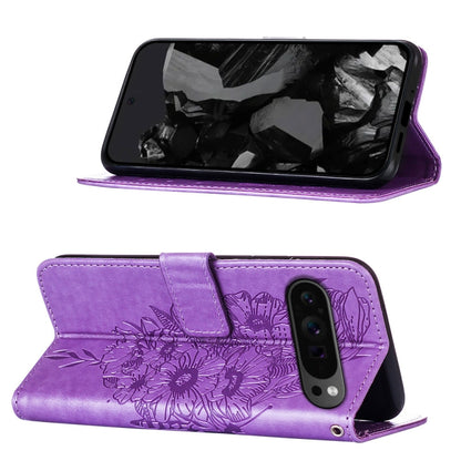 For Google Pixel 9 Pro Embossed Butterfly Leather Phone Case(Purple) - Google Cases by buy2fix | Online Shopping UK | buy2fix