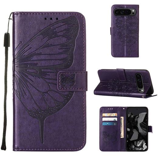 For Google Pixel 9 Pro Embossed Butterfly Leather Phone Case(Dark Purple) - Google Cases by buy2fix | Online Shopping UK | buy2fix