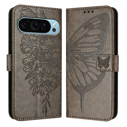 For Google Pixel 9 Pro XL Embossed Butterfly Leather Phone Case(Grey) - Google Cases by buy2fix | Online Shopping UK | buy2fix