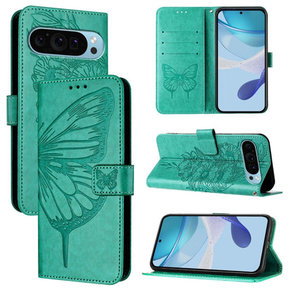 For Google Pixel 9 Pro XL Embossed Butterfly Leather Phone Case(Green) - Google Cases by buy2fix | Online Shopping UK | buy2fix