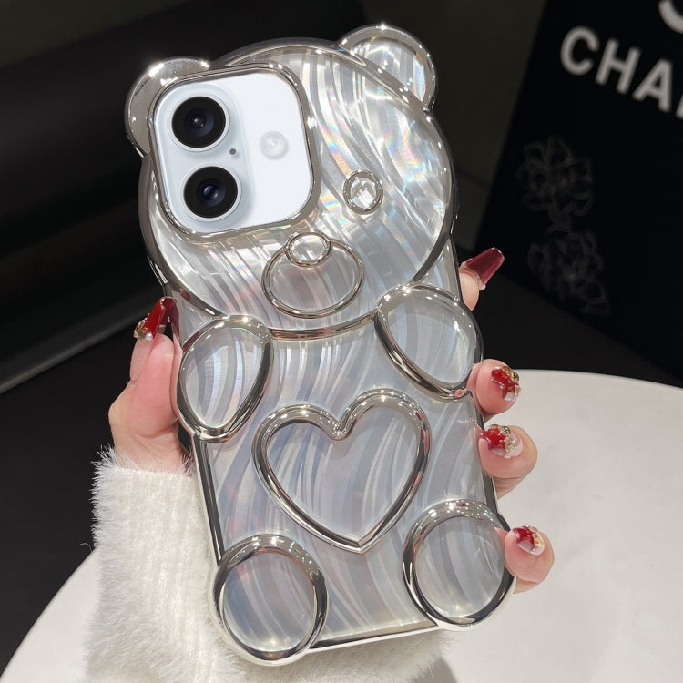 For iPhone 16 Bear Shaped Embossed Electroplated Laser TPU Phone Case(Silver) - iPhone 16 Cases by buy2fix | Online Shopping UK | buy2fix