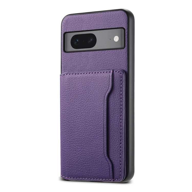 For Google Pixel 7 5G Calf Texture Card Bag Design Full Coverage Phone Case(Purple) - Google Cases by buy2fix | Online Shopping UK | buy2fix