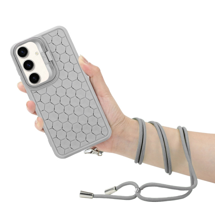 For Samsung Galaxy S24 5G Honeycomb Radiating Lens Holder Magsafe Phone Case with Lanyard(Grey) - Galaxy S24 5G Cases by buy2fix | Online Shopping UK | buy2fix