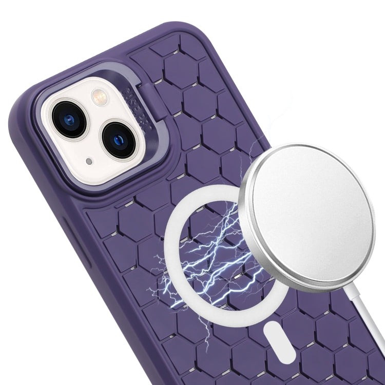 For iPhone 14 Honeycomb Radiating Lens Holder Magsafe Phone Case with Lanyard(Purple) - iPhone 14 Cases by buy2fix | Online Shopping UK | buy2fix