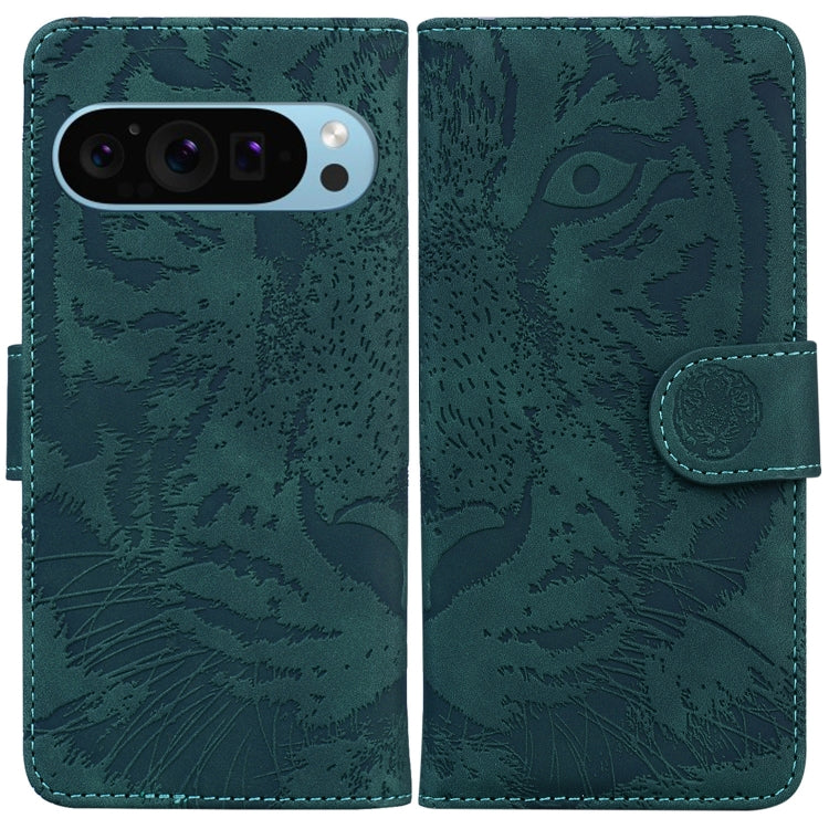 For Google Pixel 9 Tiger Embossing Pattern Flip Leather Phone Case(Green) - Google Cases by buy2fix | Online Shopping UK | buy2fix