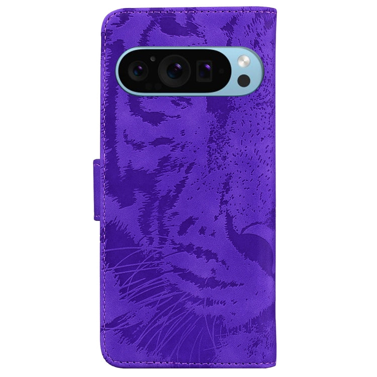 For Google Pixel 9 Tiger Embossing Pattern Flip Leather Phone Case(Purple) - Google Cases by buy2fix | Online Shopping UK | buy2fix