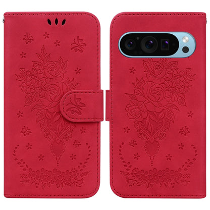 For Google Pixel 9 Pro Butterfly Rose Embossed Leather Phone Case(Red) - Google Cases by buy2fix | Online Shopping UK | buy2fix