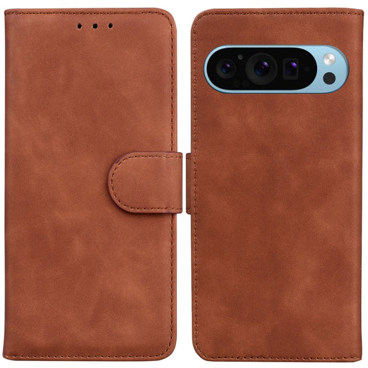 For Google Pixel 9 Skin Feel Pure Color Flip Leather Phone Case(Brown) - Google Cases by buy2fix | Online Shopping UK | buy2fix