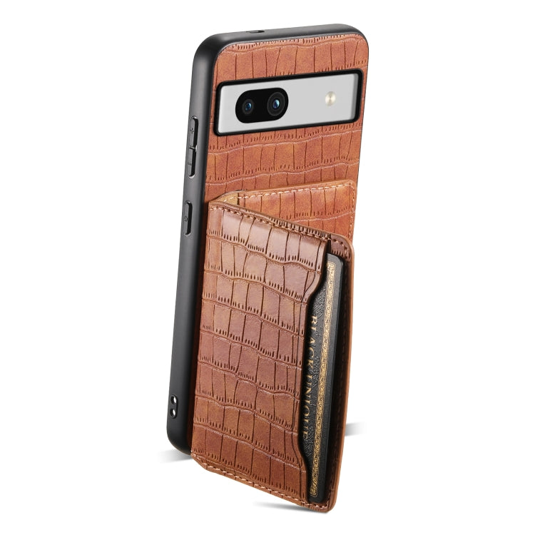 For Google Pixel 7a Crocodile Texture Card Bag Design Full Coverage Phone Case(Brown) - Google Cases by buy2fix | Online Shopping UK | buy2fix