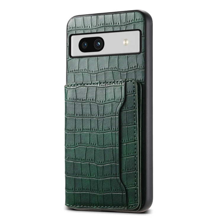 For Google Pixel 7a Crocodile Texture Card Bag Design Full Coverage Phone Case(Green) - Google Cases by buy2fix | Online Shopping UK | buy2fix