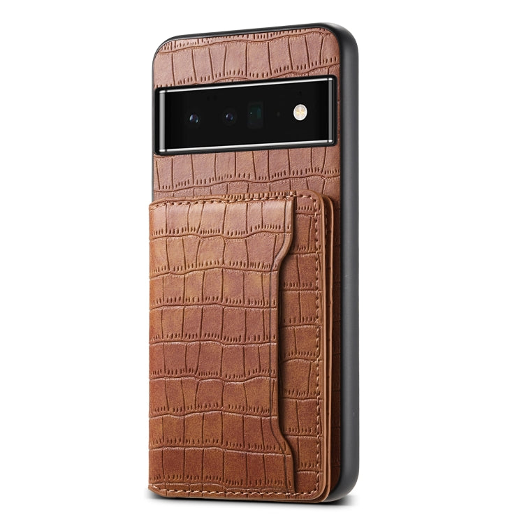 For Google Pixel 6 Pro Crocodile Texture Card Bag Design Full Coverage Phone Case(Brown) - Google Cases by buy2fix | Online Shopping UK | buy2fix