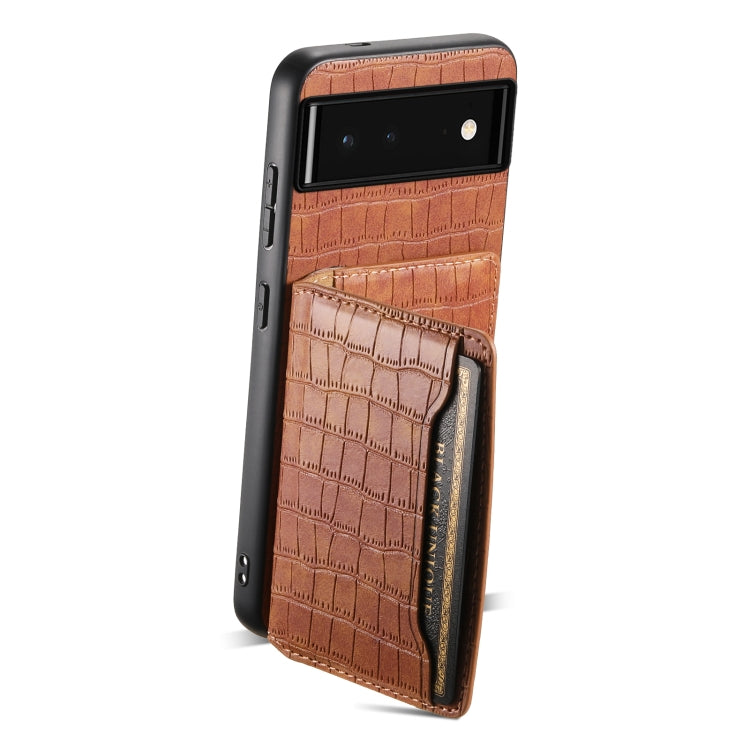 For Google Pixel 6 Crocodile Texture Card Bag Design Full Coverage Phone Case(Brown) - Google Cases by buy2fix | Online Shopping UK | buy2fix