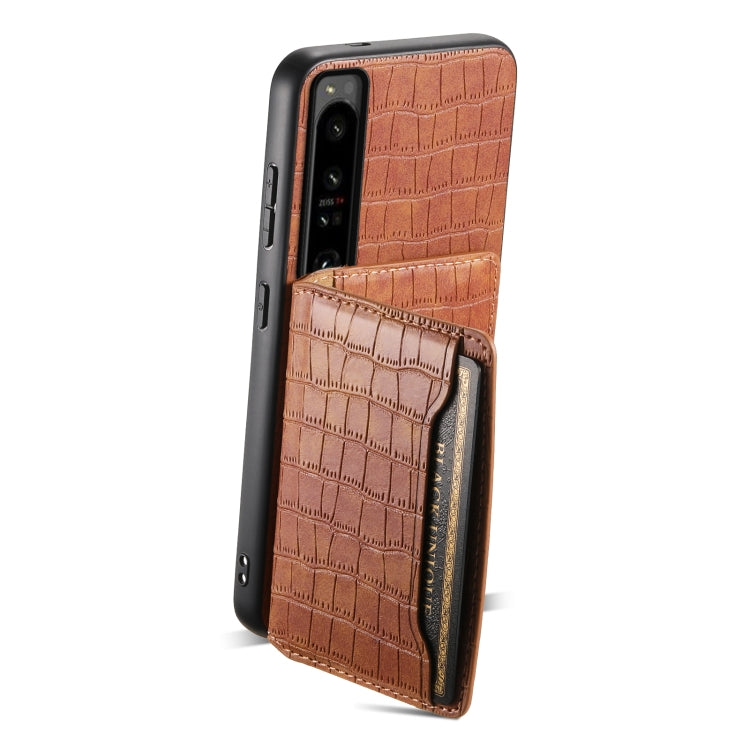 For Sony Xperia 1 IV Crocodile Texture Card Bag Design Full Coverage Phone Case(Brown) - Sony Cases by buy2fix | Online Shopping UK | buy2fix