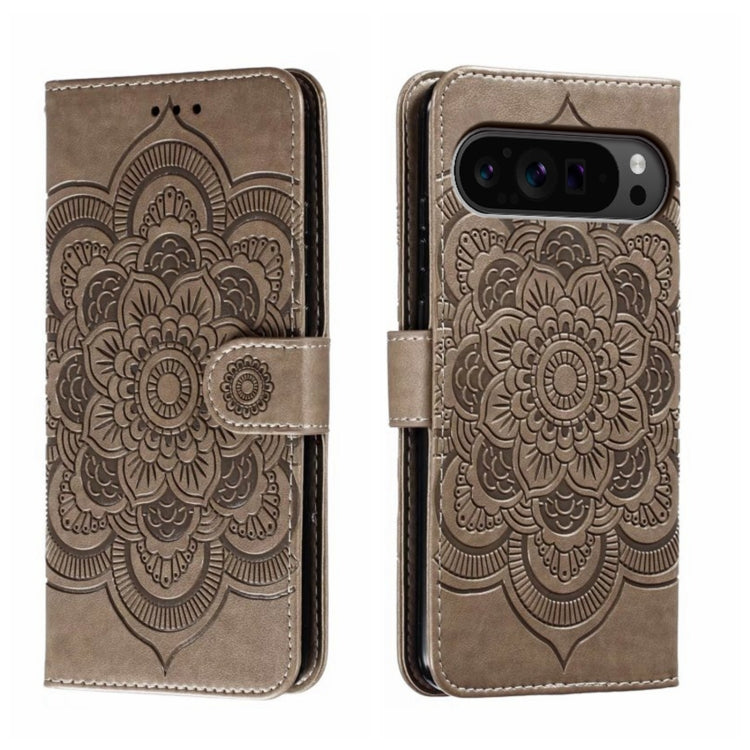 For Google Pixel 9 Pro Sun Mandala Embossing Pattern Phone Leather Case(Grey) - Google Cases by buy2fix | Online Shopping UK | buy2fix