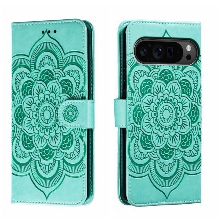 For Google Pixel 9 Pro Sun Mandala Embossing Pattern Phone Leather Case(Green) - Google Cases by buy2fix | Online Shopping UK | buy2fix