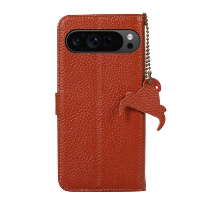 For Google Pixel 9 Pro Genuine Leather Litchi Texture RFID Leather Phone Case(Coffee) - Google Cases by buy2fix | Online Shopping UK | buy2fix