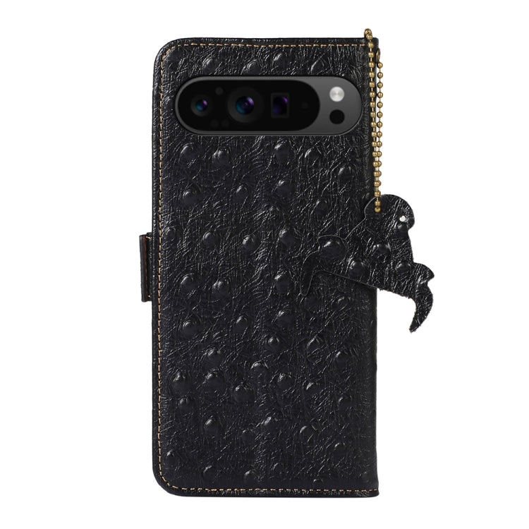 For Google Pixel 9 Pro Ostrich Pattern Genuine Leather RFID Phone Case(Black) - Google Cases by buy2fix | Online Shopping UK | buy2fix