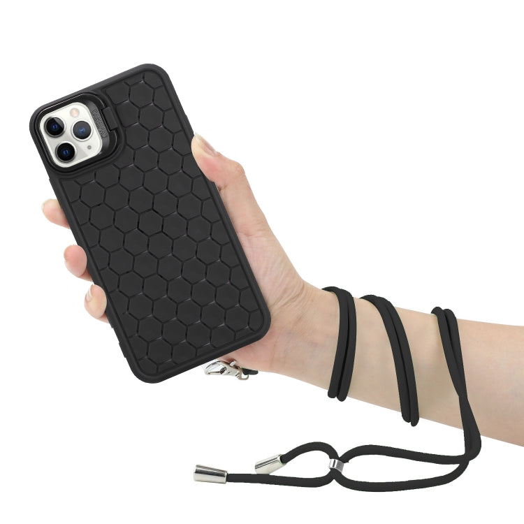 For iPhone 16 Pro Max Honeycomb Radiating Holder TPU Phone Case with Lanyard(Black) - iPhone 16 Pro Max Cases by buy2fix | Online Shopping UK | buy2fix