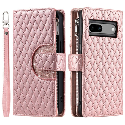 For Google Pixel 7a Glitter Lattice Zipper Wallet Leather Phone Case(Rose Gold) - Google Cases by buy2fix | Online Shopping UK | buy2fix