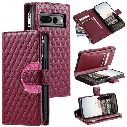 For Google Pixel 7 Pro 5G Glitter Lattice Zipper Wallet Leather Phone Case(Wine Red) - Google Cases by buy2fix | Online Shopping UK | buy2fix