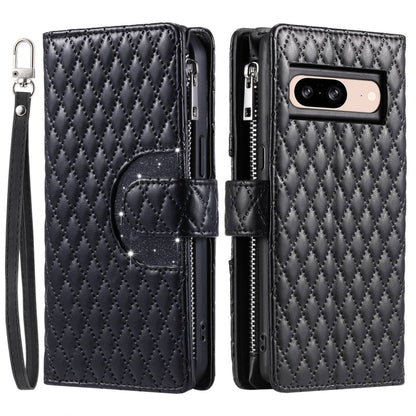 For Google Pixel 8 Glitter Lattice Zipper Wallet Leather Phone Case(Black) - Google Cases by buy2fix | Online Shopping UK | buy2fix