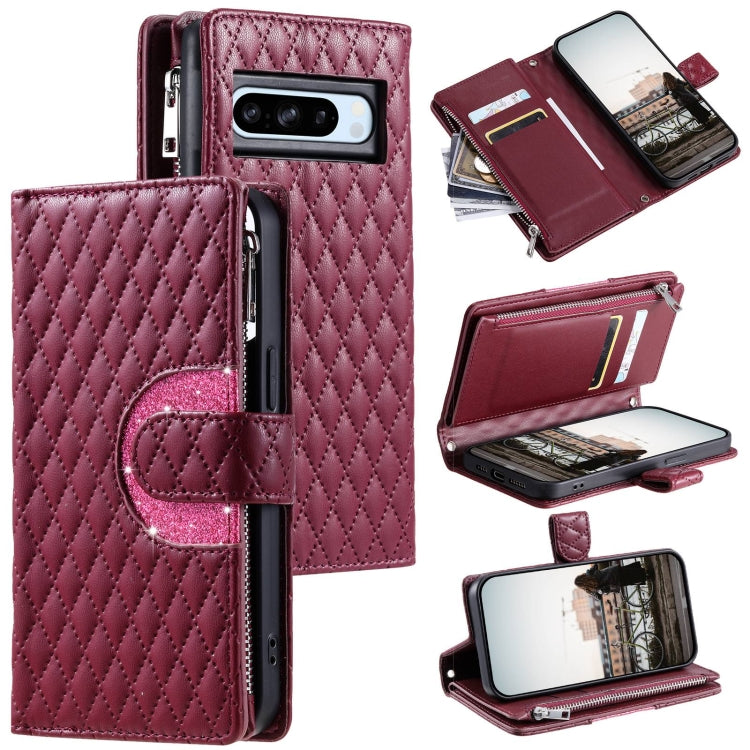 For Google Pixel 8 Pro Glitter Lattice Zipper Wallet Leather Phone Case(Wine Red) - Google Cases by buy2fix | Online Shopping UK | buy2fix