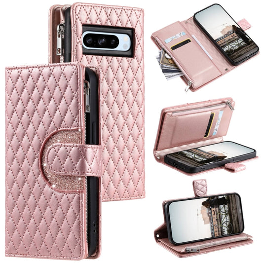 For Google Pixel 8 Pro Glitter Lattice Zipper Wallet Leather Phone Case(Rose Gold) - Google Cases by buy2fix | Online Shopping UK | buy2fix