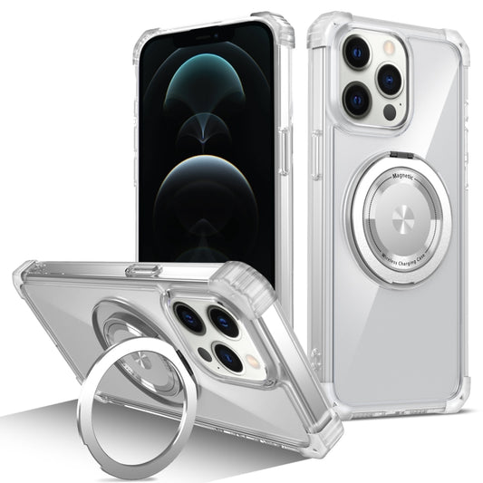 For iPhone 12 Pro Gold Shield CD Pattern MagSafe Magnetic Phone Case with Rotating Stand(Transparent) - iPhone 12 / 12 Pro Cases by buy2fix | Online Shopping UK | buy2fix