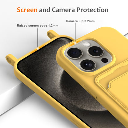 For iPhone 16 Pro Integrated Card Bag Solid Color Liquid Silicone Phone Case with Lanyard(Yellow) - iPhone 16 Pro Cases by buy2fix | Online Shopping UK | buy2fix