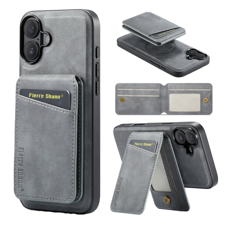 For iPhone 16 Plus Fierre Shann Oil Wax Cow Leather Magnetic Card Holder Phone Case(Grey) - iPhone 16 Plus Cases by FIERRE SHANN | Online Shopping UK | buy2fix