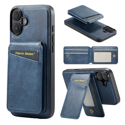 For iPhone 16 Fierre Shann Oil Wax Cow Leather Magnetic Card Holder Phone Case(Blue) - iPhone 16 Cases by FIERRE SHANN | Online Shopping UK | buy2fix