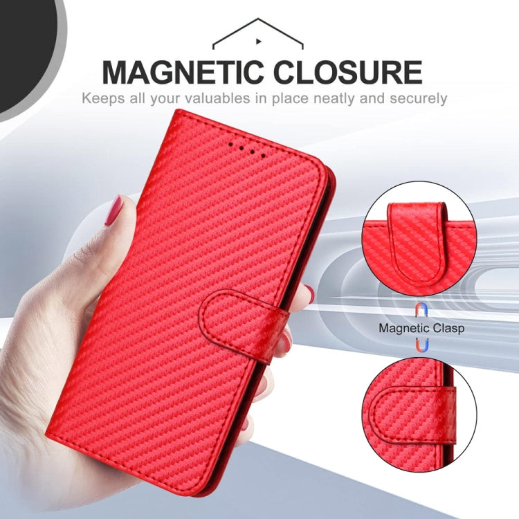 For iPhone SE 2024 YX0070 Carbon Fiber Buckle Leather Phone Case with Lanyard(Red) - More iPhone Cases by buy2fix | Online Shopping UK | buy2fix