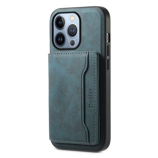 For iPhone 13 Pro Denior D13 Retro Texture Leather MagSafe Card Bag Phone Case(Blue) - iPhone 13 Pro Cases by Denior | Online Shopping UK | buy2fix