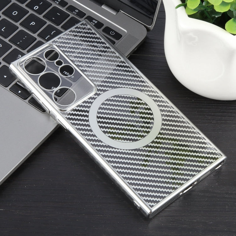 For Samsung Galaxy S22 Ultra 5G 6D Plated Carbon Fiber Clear Magsafe PC Phone Case(Starlight Silver) - Galaxy S22 Ultra 5G Cases by buy2fix | Online Shopping UK | buy2fix