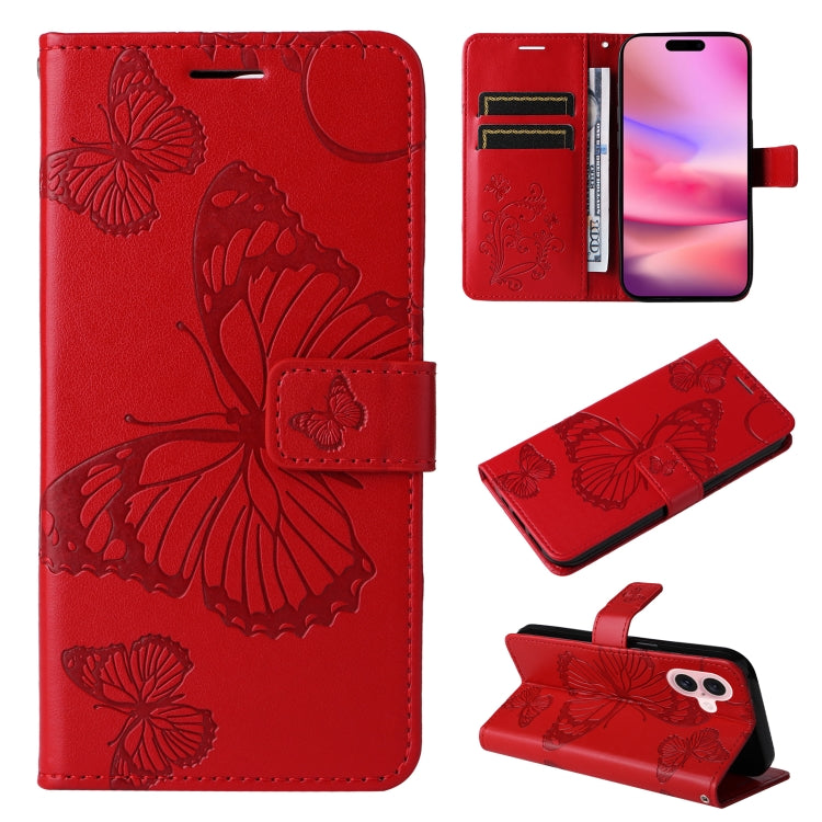 For iPhone 16 3D Butterfly Embossed Pattern Flip Leather Phone Case(Red) - iPhone 16 Cases by buy2fix | Online Shopping UK | buy2fix