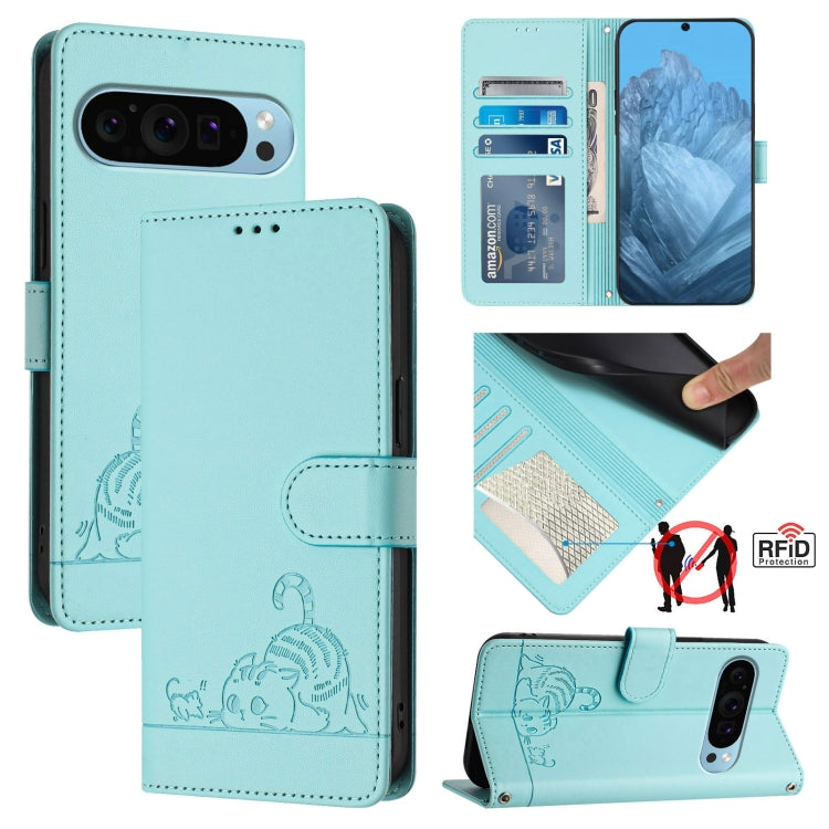 For Google Pixel 9 Pro XL Cat Rat Embossed Pattern RFID Leather Phone Case with Lanyard(Mint Green) - Google Cases by buy2fix | Online Shopping UK | buy2fix