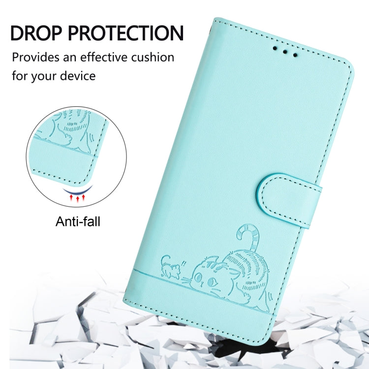 For Google Pixel 9 Pro XL Cat Rat Embossed Pattern RFID Leather Phone Case with Lanyard(Mint Green) - Google Cases by buy2fix | Online Shopping UK | buy2fix