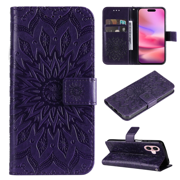 For iPhone 16 Embossed Sunflower Pattern Flip Leather Phone Case(Purple) - iPhone 16 Cases by buy2fix | Online Shopping UK | buy2fix