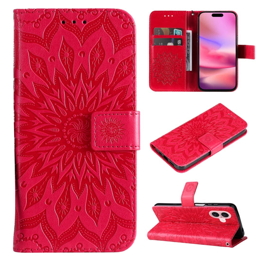 For iPhone 16 Embossed Sunflower Pattern Flip Leather Phone Case(Red) - iPhone 16 Cases by buy2fix | Online Shopping UK | buy2fix