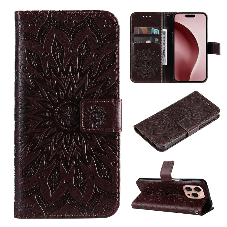 For iPhone 16 Pro Embossed Sunflower Pattern Flip Leather Phone Case(Brown) - iPhone 16 Pro Cases by buy2fix | Online Shopping UK | buy2fix