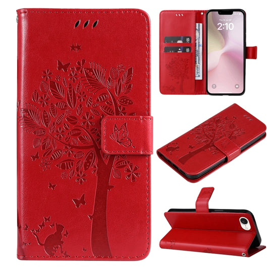 For iPhone SE 2024 Tree & Cat Embossed Pattern Flip Leather Phone Case(Red) - More iPhone Cases by buy2fix | Online Shopping UK | buy2fix